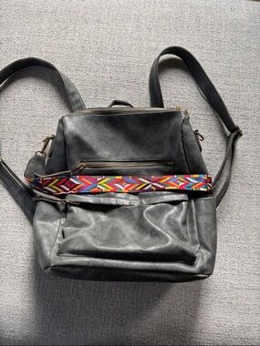 Women's Black Faux Leather Backpack with Colorful Woven Strap